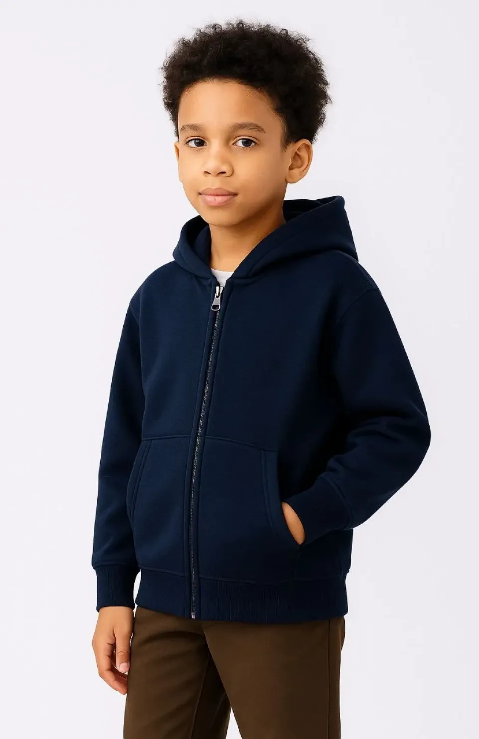 Erkek Çocuk Kapüşonlu Kanguru Çepli Tam Fermuarlı Hırka SweatShirt - Lacivert