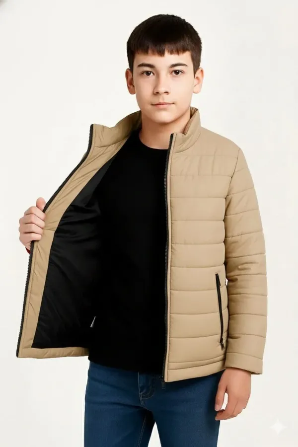 Erkek Çocuk Şişme Mont Hafif ve Sıcak Tutucu Kışlık Fermuarlı Su İtici Rahat Günlük Mont Kapüşonuz Modern Tasarım - Bej