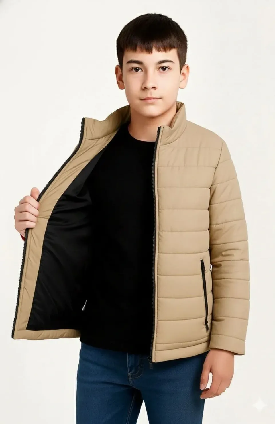 Erkek Çocuk Şişme Mont Hafif ve Sıcak Tutucu Kışlık Fermuarlı Su İtici Rahat Günlük Mont Kapüşonuz Modern Tasarım - Bej Somersan Giyim | Kadın, Erkek ve Çocuk Moda