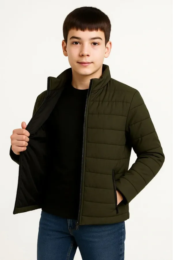 Erkek Çocuk Şişme Mont Hafif ve Sıcak Tutucu Kışlık Fermuarlı Su İtici Rahat Günlük Mont Kapüşonuz Modern Tasarım- Haki