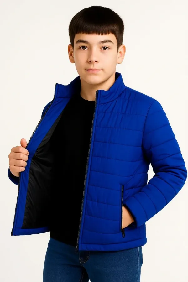 Erkek Çocuk Şişme Mont Hafif ve Sıcak Tutucu Kışlık Fermuarlı Su İtici Rahat Günlük Mont Kapüşonuz Modern Tasarım - Saks Mavisi