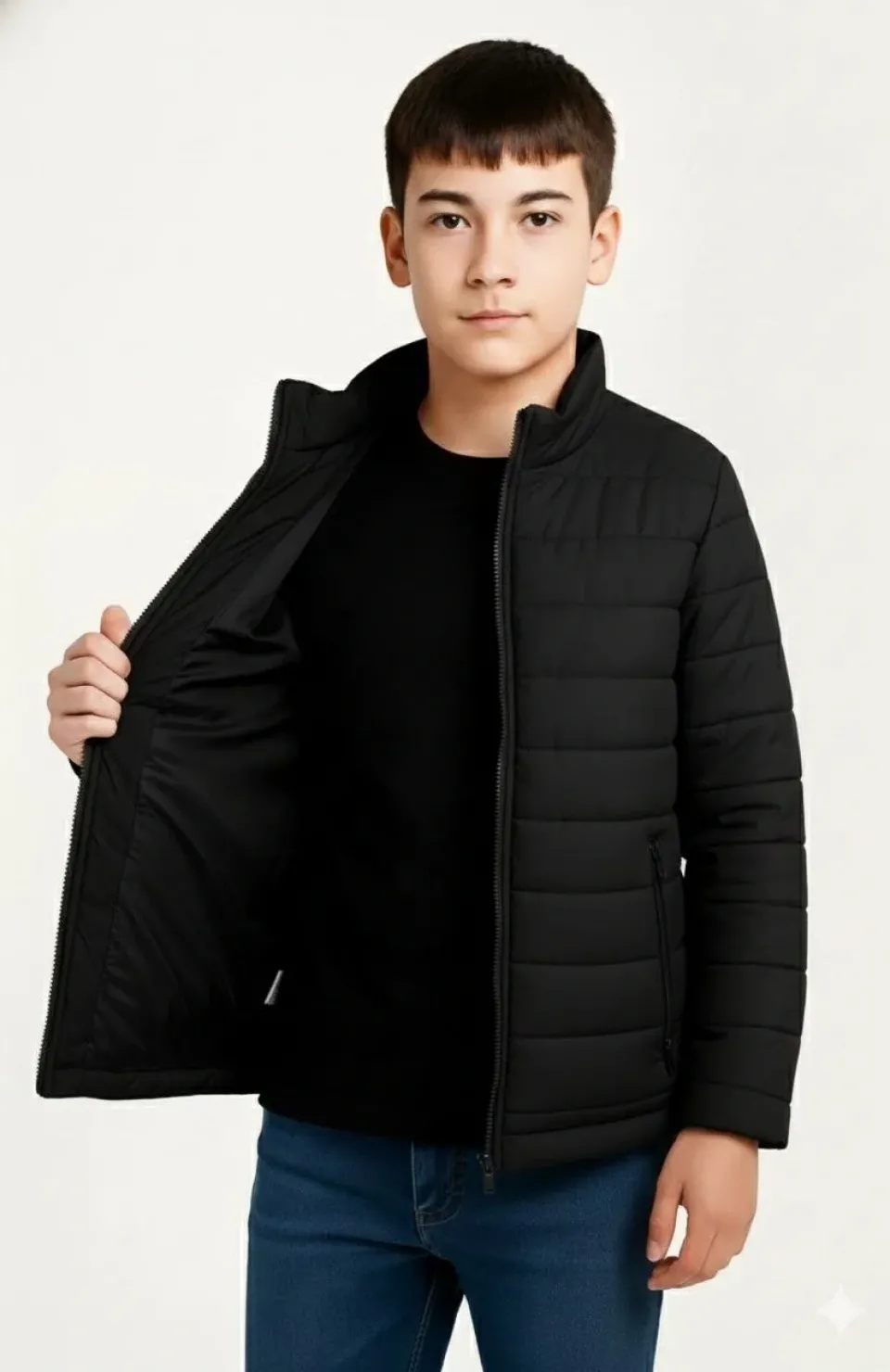 Erkek Çocuk Şişme Mont Hafif ve Sıcak Tutucu Kışlık Fermuarlı Su İtici Rahat Günlük Mont Kapüşonuz Modern Tasarım - Siyah Somersan Giyim | Kadın, Erkek ve Çocuk Moda