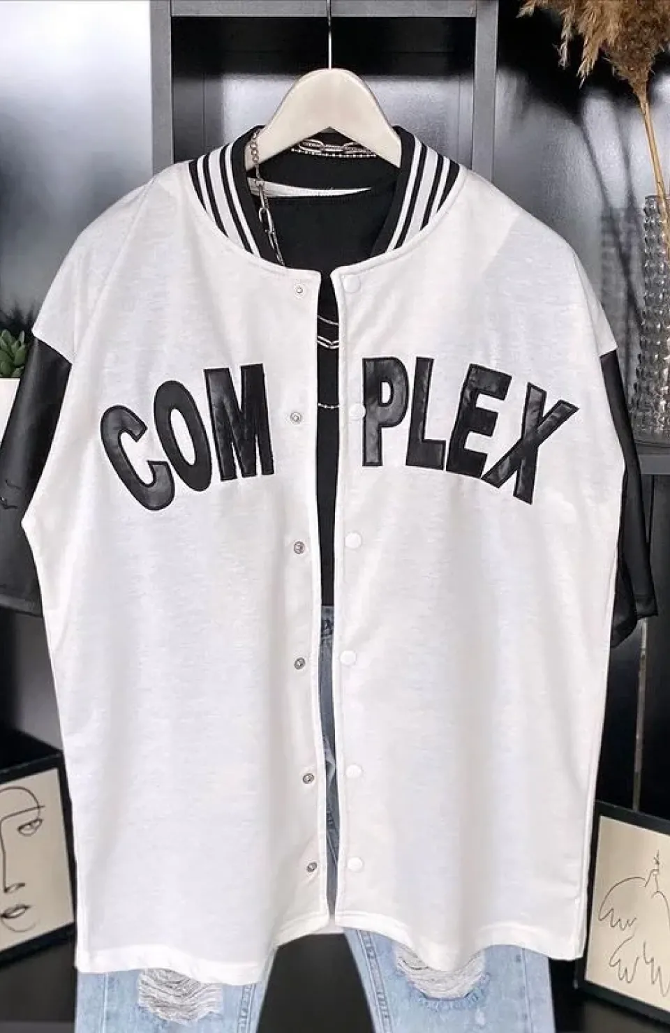 Erkek Complex Kolları Deri Kolej Oversize T-Shirt - Beyaz