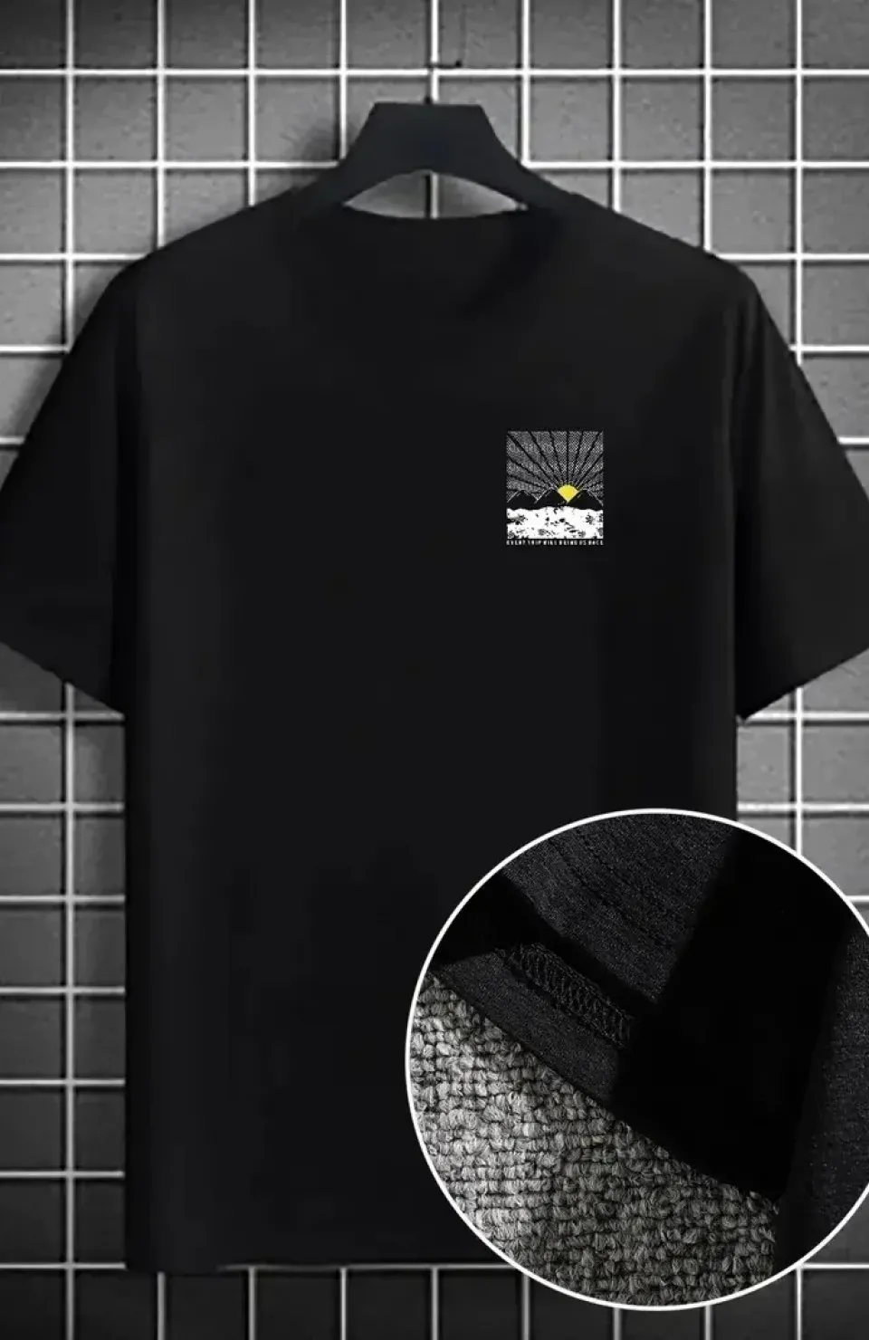 Erkek Dağ Grafikli Tişört, Yaz için Büyük Beden Rahat T-shirt - Siyah