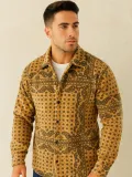 Erkek Desenli Düğmeli Polar Gömlek – Hardal Paisley Desen Yakalı, Uzun Kollu, Oversize Rahat Kalıp - Sarı