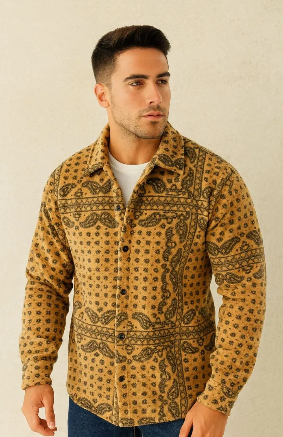 Erkek Desenli Düğmeli Polar Gömlek – Hardal Paisley Desen Yakalı, Uzun Kollu, Oversize Rahat Kalıp - Sarı