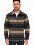 Erkek Desenli Polar Gömlek – Etnik Şerit Desen Yakalı, Uzun Kollu, Düğmeli, Oversize Rahat Kalıp - Füme