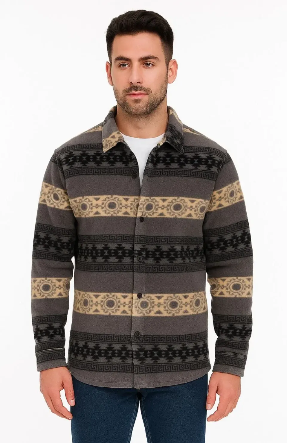 Erkek Desenli Polar Gömlek – Etnik Şerit Desen Yakalı, Uzun Kollu, Düğmeli, Oversize Rahat Kalıp - Füme