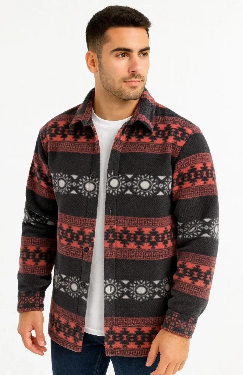 Erkek Desenli Polar Gömlek – Etnik Şerit Desen Yakalı, Uzun Kollu, Düğmeli, Oversize Rahat Kalıp - Füme