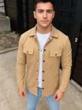 Erkek Diagonal Kumaş Cepli Çıtçıtlı uzun Kollu, Gömlek Oversize Rahat Kalıp Günlük Şık Stil - Bej