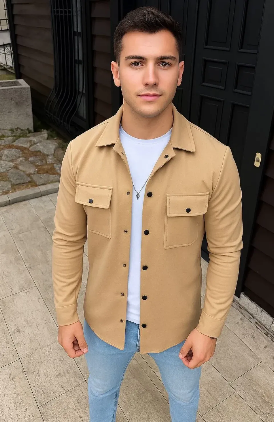 Erkek Diagonal Kumaş Cepli Çıtçıtlı uzun Kollu, Gömlek Oversize Rahat Kalıp Günlük Şık Stil - Bej