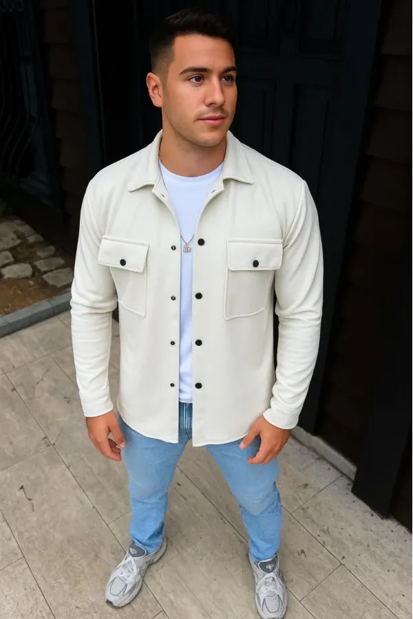 Erkek Diagonal Kumaş Cepli Çıtçıtlı uzun Kollu, Gömlek Oversize Rahat Kalıp Günlük Şık Stil - Beyaz