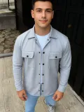 Erkek Diagonal Kumaş Cepli Çıtçıtlı uzun Kollu, Gömlek Oversize Rahat Kalıp Günlük Şık Stil - Gri