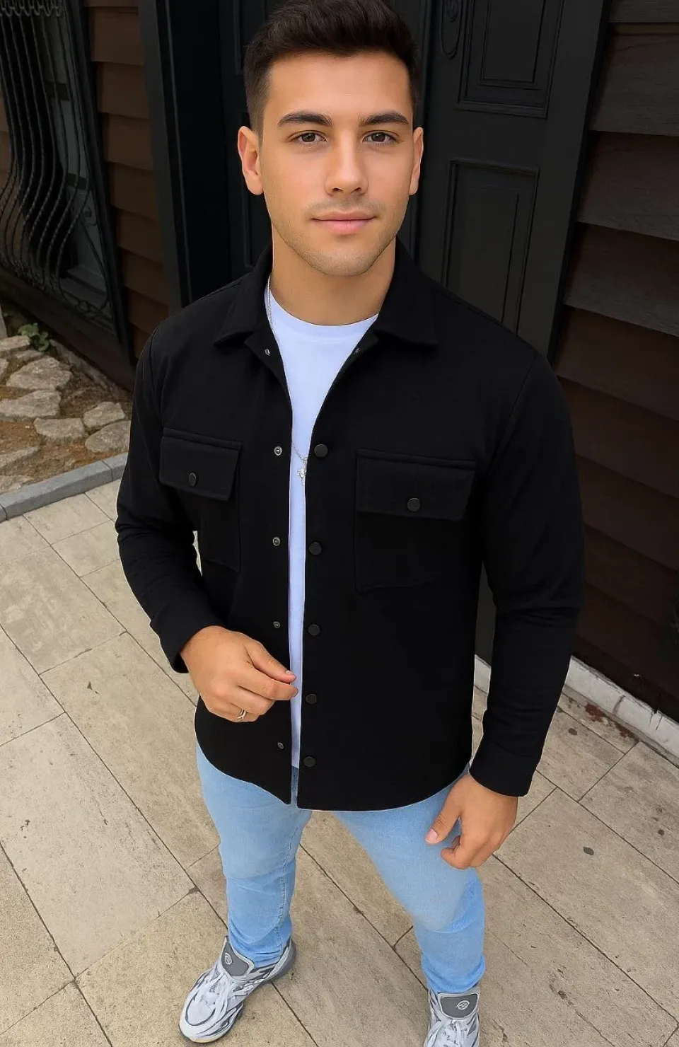 Erkek Diagonal Kumaş Cepli Çıtçıtlı uzun Kollu, Gömlek Oversize Rahat Kalıp Günlük Şık Stil - Siyah