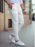 Erkek Diagonel Mikro dokulu Cepli Beli Lastilki Pantolon - Beyaz