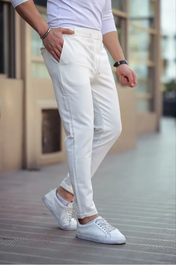 Erkek Diagonel Mikro dokulu Cepli Beli Lastilki Pantolon - Beyaz