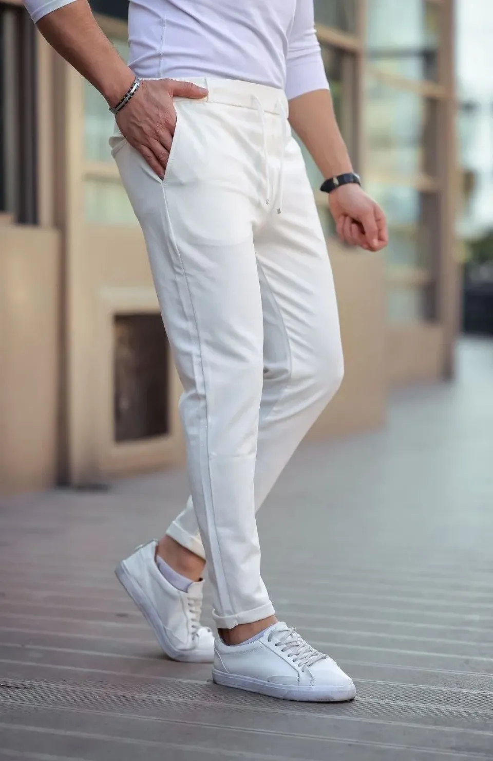 Erkek Diagonel Mikro dokulu Cepli Beli Lastilki Pantolon - Beyaz