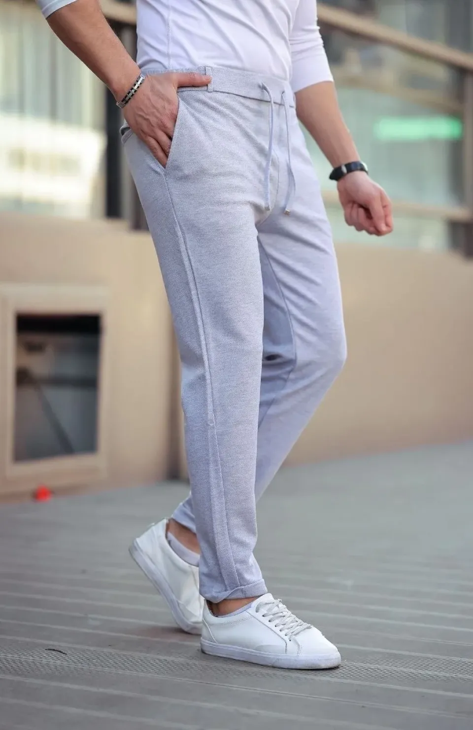 Erkek Diagonel Mikro dokulu Cepli Beli Lastilki Pantolon - Gri