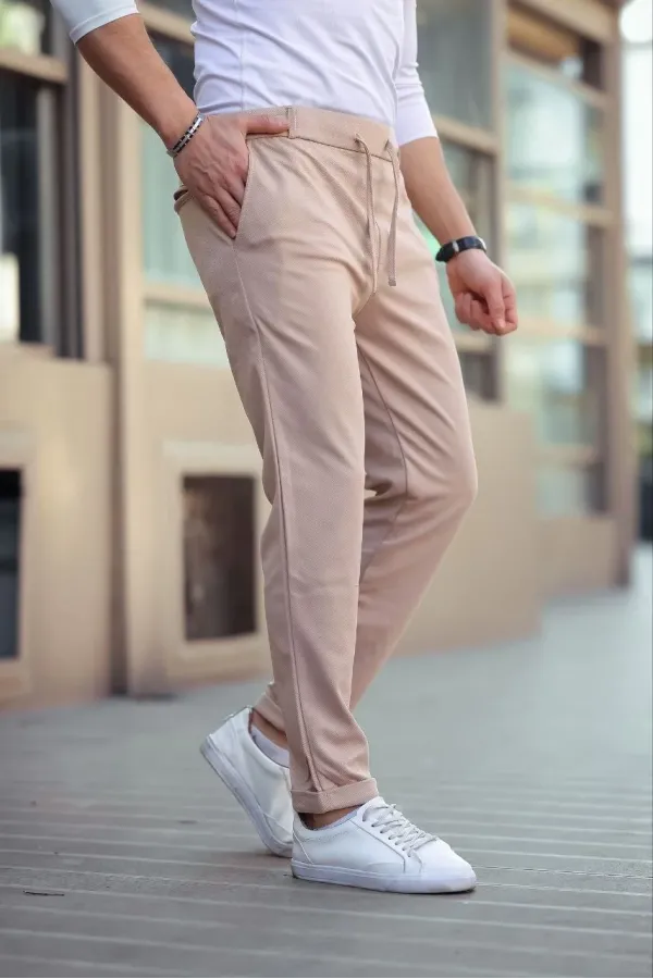 Erkek Diagonel Mikro dokulu Cepli Beli Lastilki Pantolon - Kahverengi