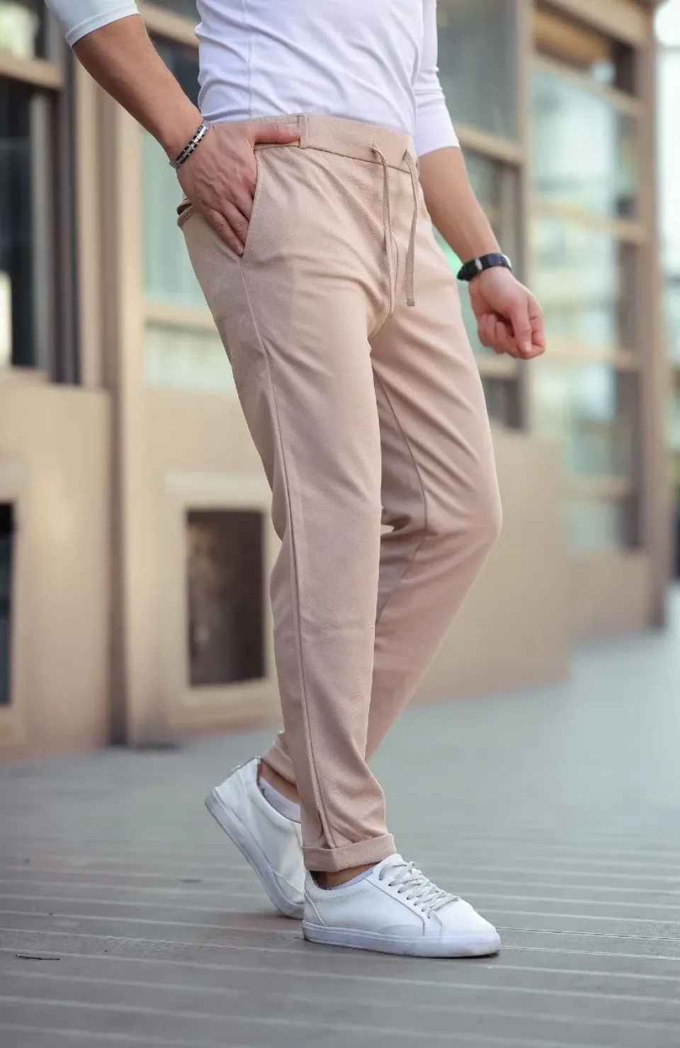 Erkek Diagonel Mikro dokulu Cepli Beli Lastilki Pantolon - Kahverengi