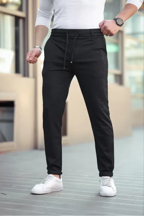 Erkek Diagonel Mikro dokulu Cepli Beli Lastilki Pantolon - Siyah