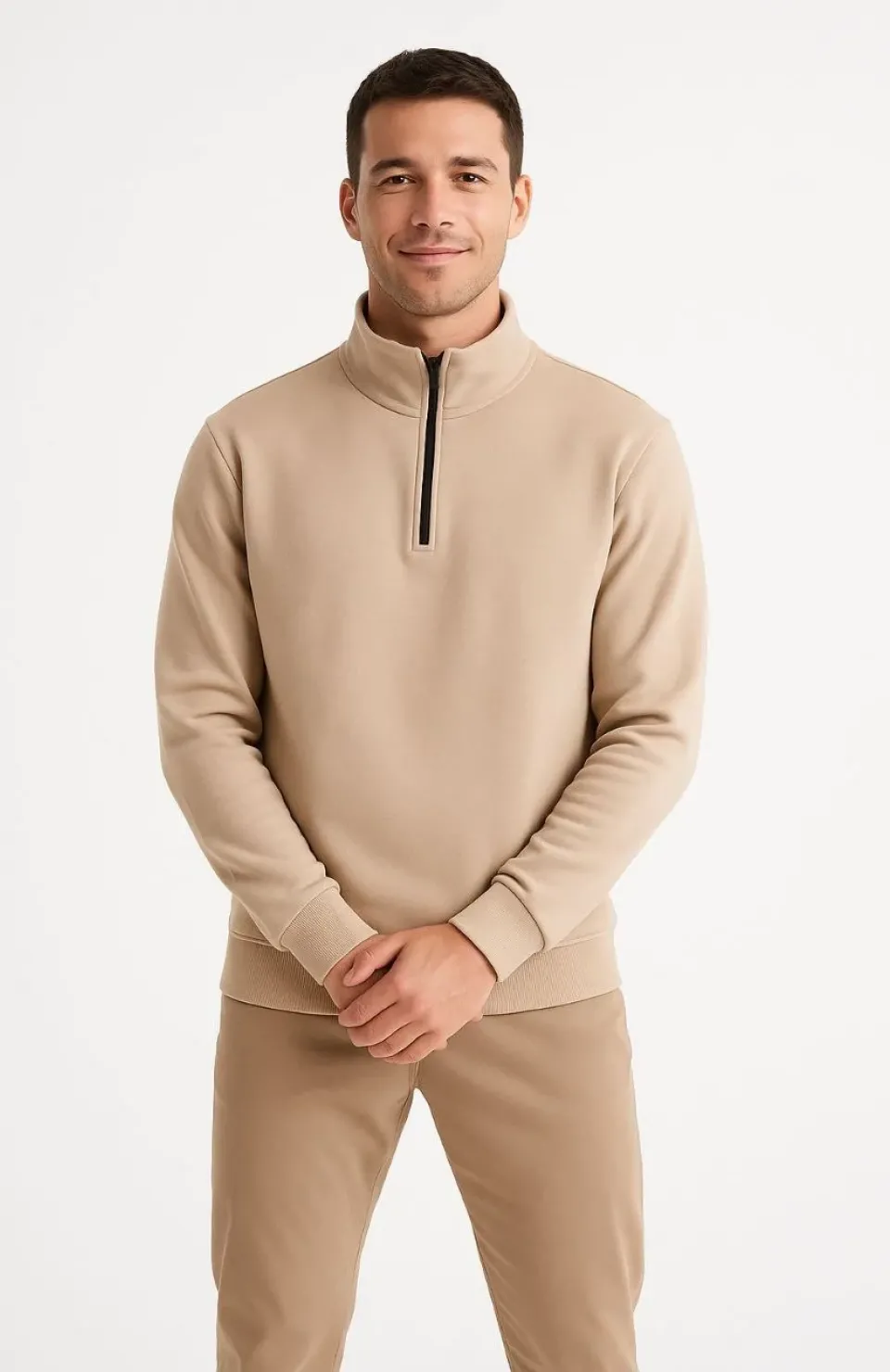 Erkek Dik Yaka Sweatshirt Dik Yaka Yarım Fermuarlı 3 İplik Şardonlu Pamuk Kumaş - Bej