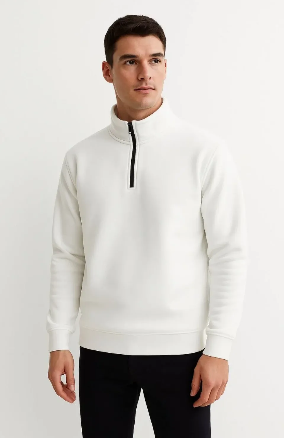 Erkek Dik Yaka Sweatshirt Dik Yaka Yarım Fermuarlı 3 İplik Şardonlu Pamuk Kumaş - Beyaz