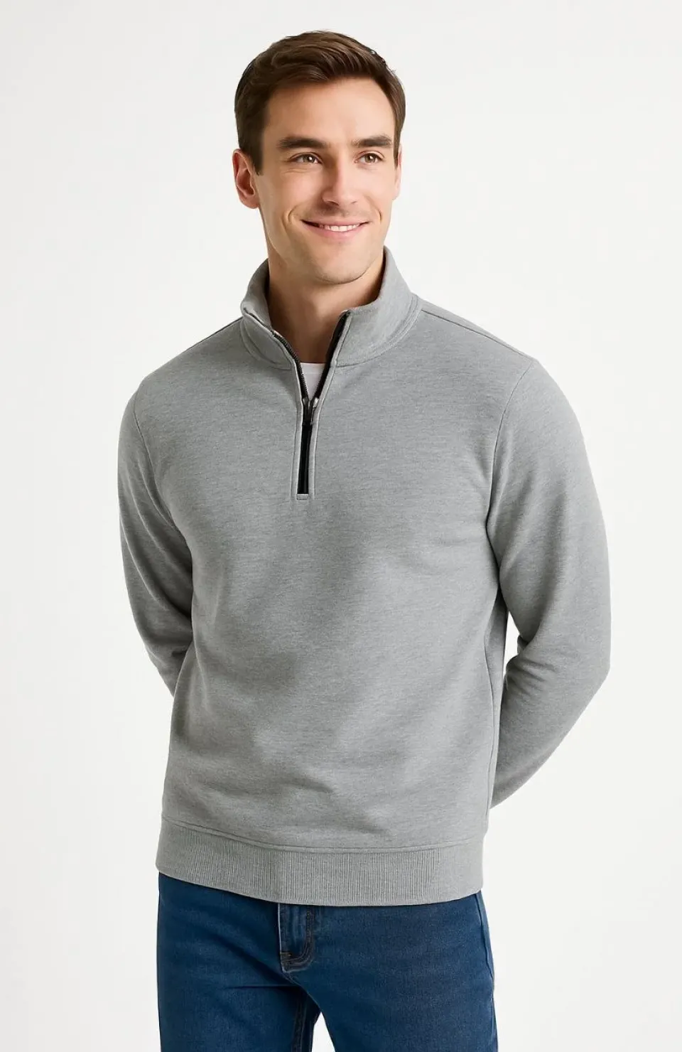 Erkek Dik Yaka Sweatshirt Dik Yaka Yarım Fermuarlı 3 İplik Şardonlu Pamuk Kumaş - Gri