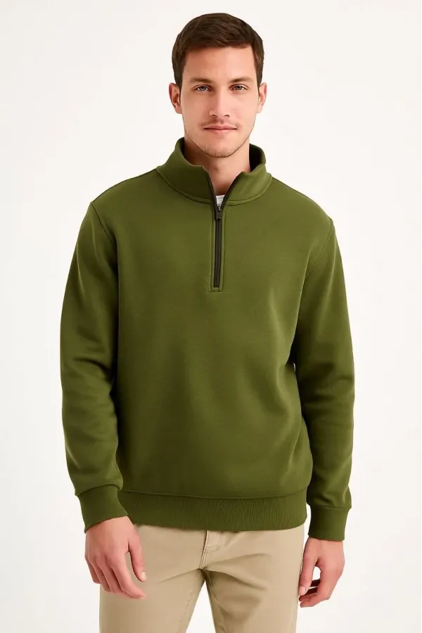 Erkek Dik Yaka Sweatshirt Dik Yaka Yarım Fermuarlı 3 İplik Şardonlu Pamuk Kumaş - Haki