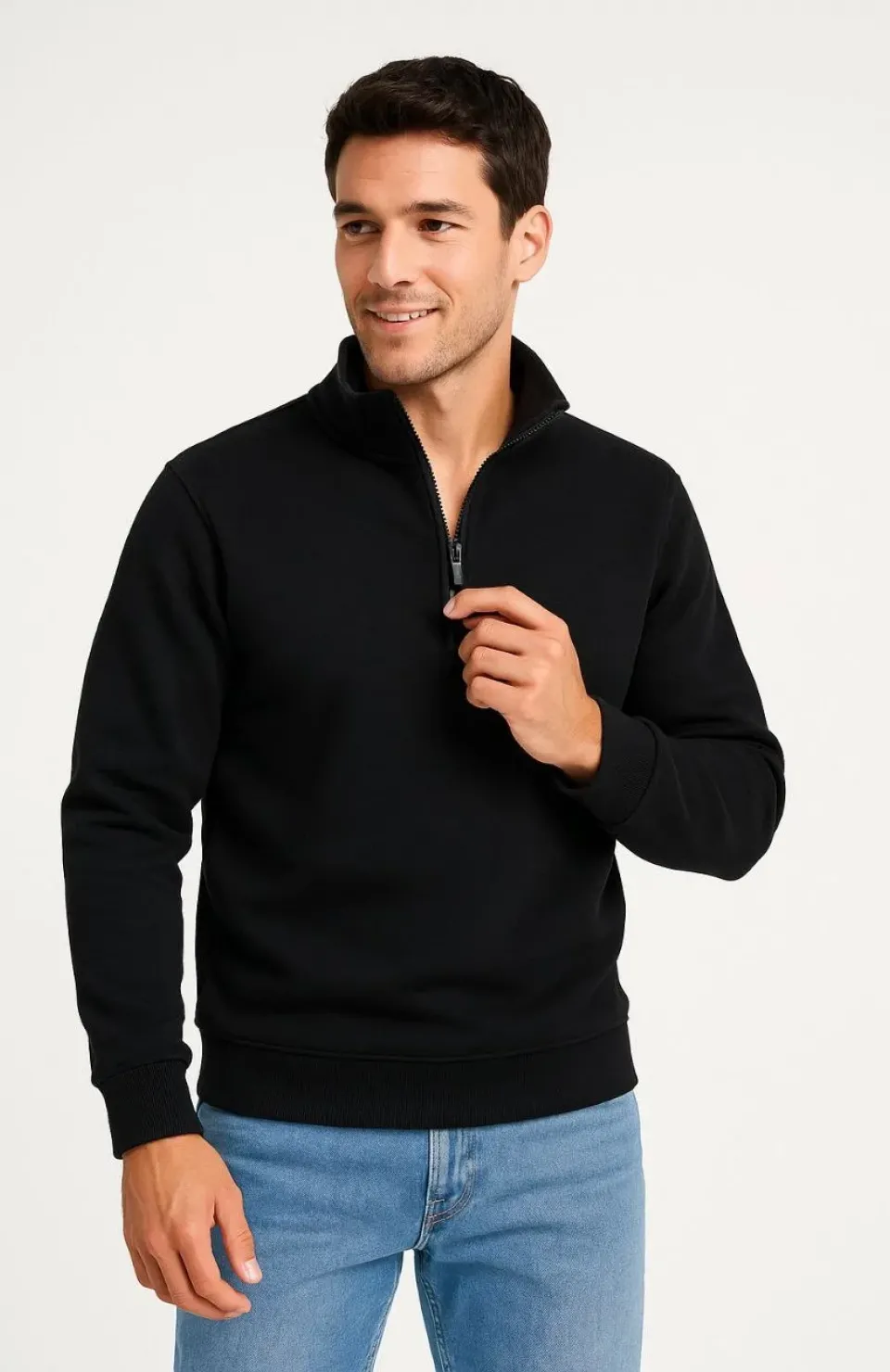 Erkek Dik Yaka Sweatshirt Dik Yaka Yarım Fermuarlı 3 İplik Şardonlu Pamuk Kumaş - Siyah