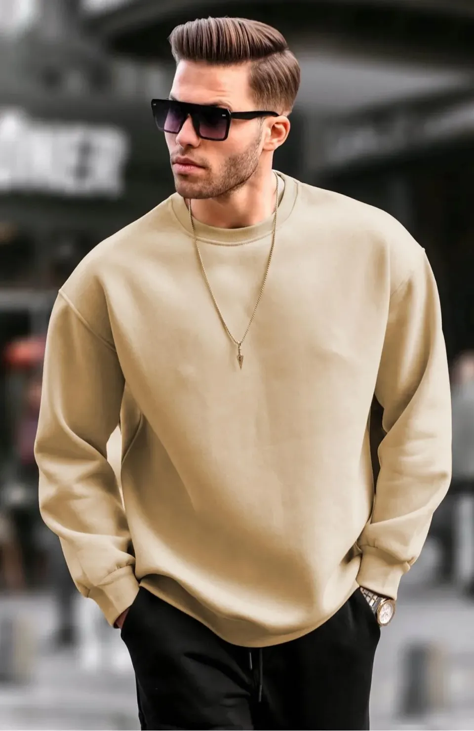 Erkek Düz Bisiklet Yaka Sweat - Bej Somersan Giyim | Kadın, Erkek ve Çocuk Moda