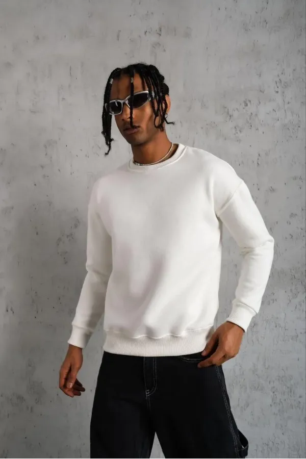 Erkek Düz Bisiklet Yaka Sweat - Beyaz