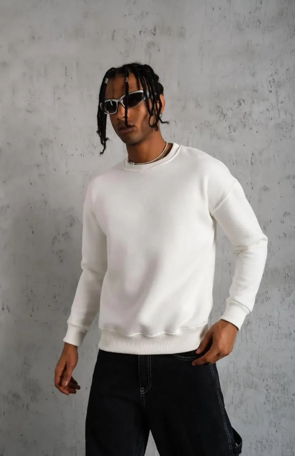 Erkek Düz Bisiklet Yaka Sweat - Beyaz Somersan Giyim | Kadın, Erkek ve Çocuk Moda