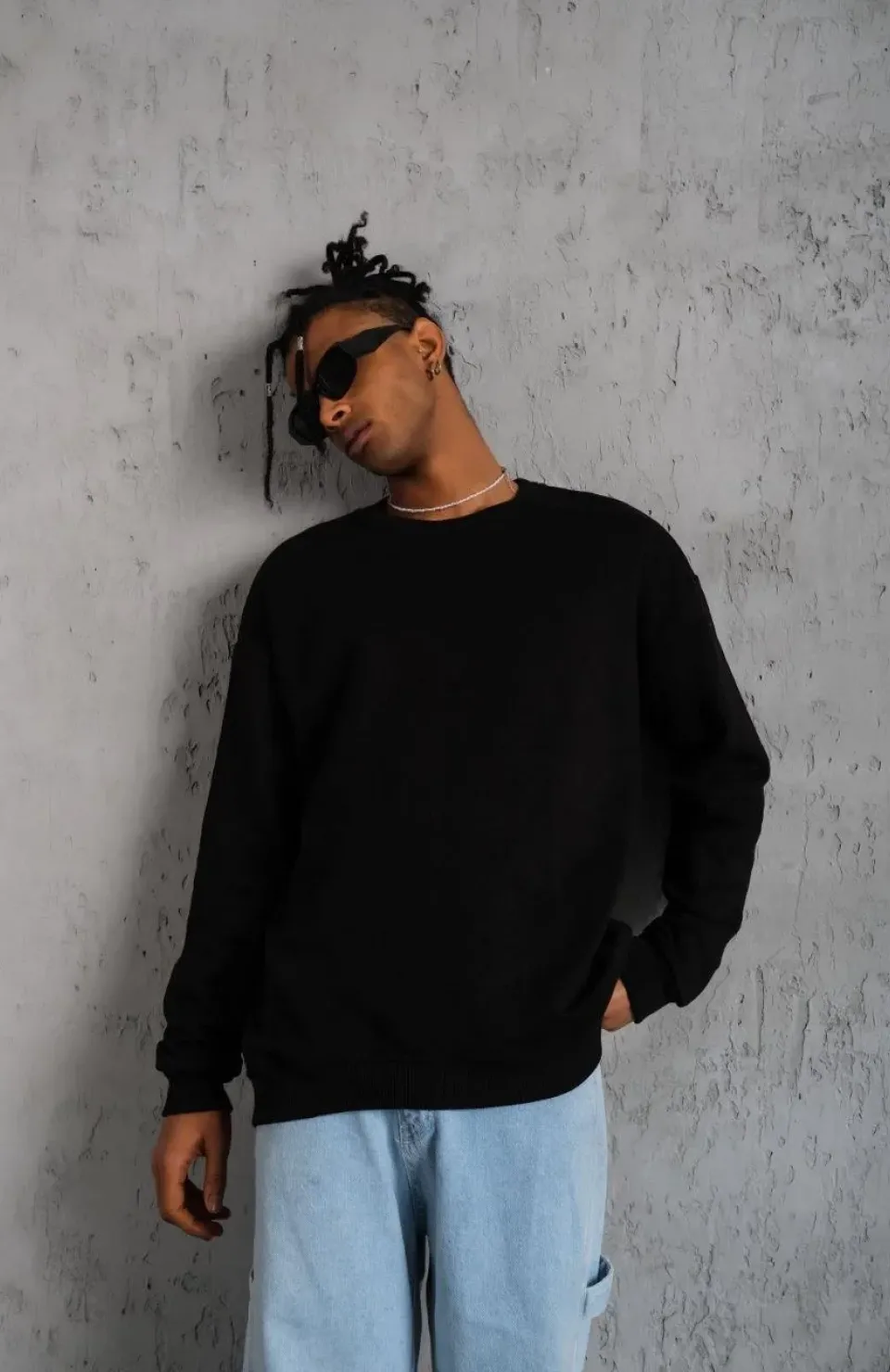 Erkek Düz Bisiklet Yaka Sweat - Siyah