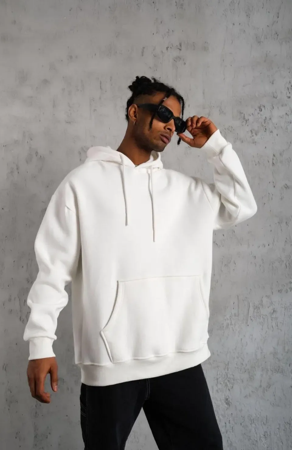 Erkek Düz Kapüşonlu Sweat - Beyaz