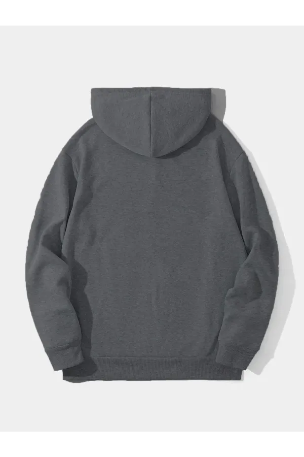 Erkek Düz Kapüşonlu Sweat - Füme