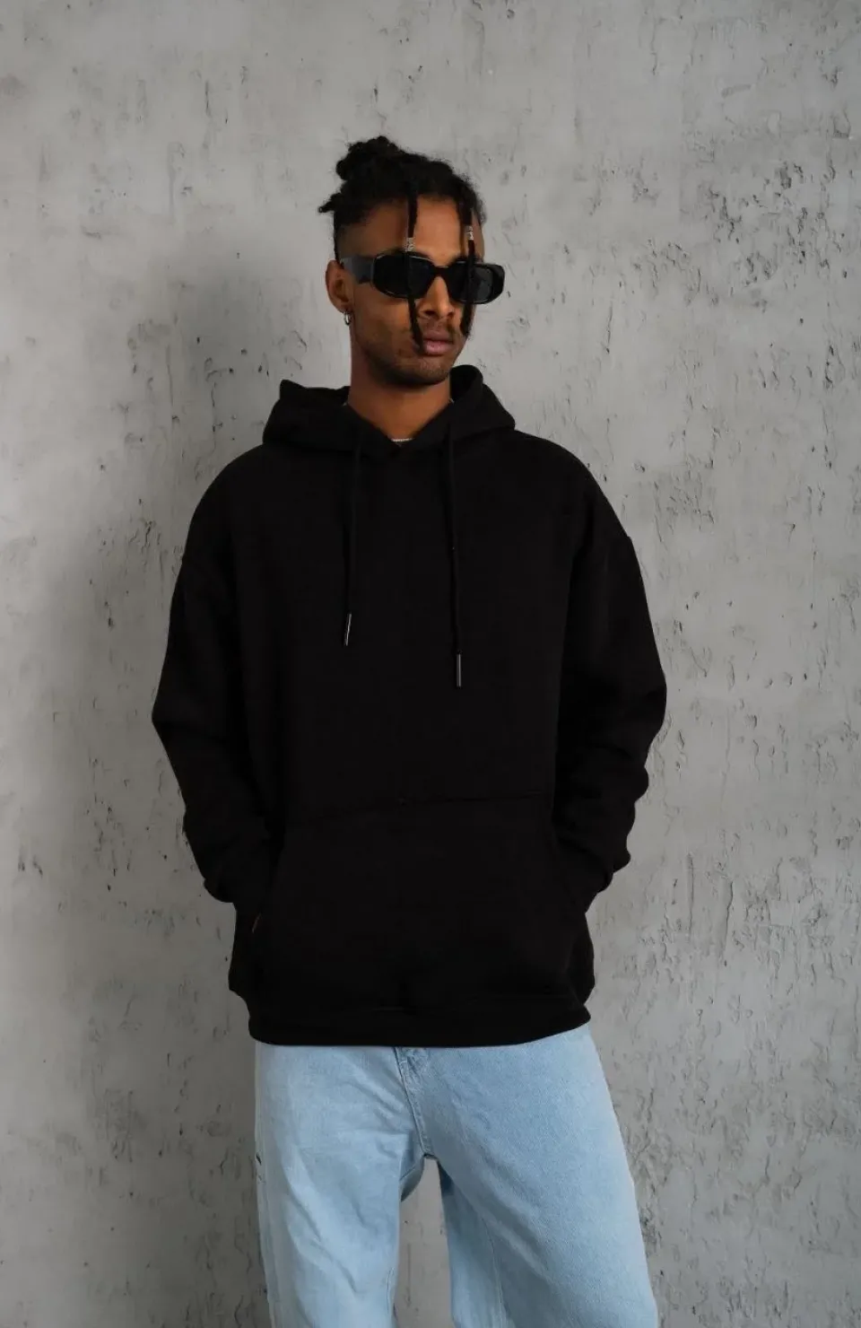 Erkek Düz Kapüşonlu Sweat - Siyah