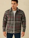 Erkek Ekose Desenli Düğmeli Polar Yakalı Uzun Kollu Gömlek Oversize Rahat Kalıp - Füme