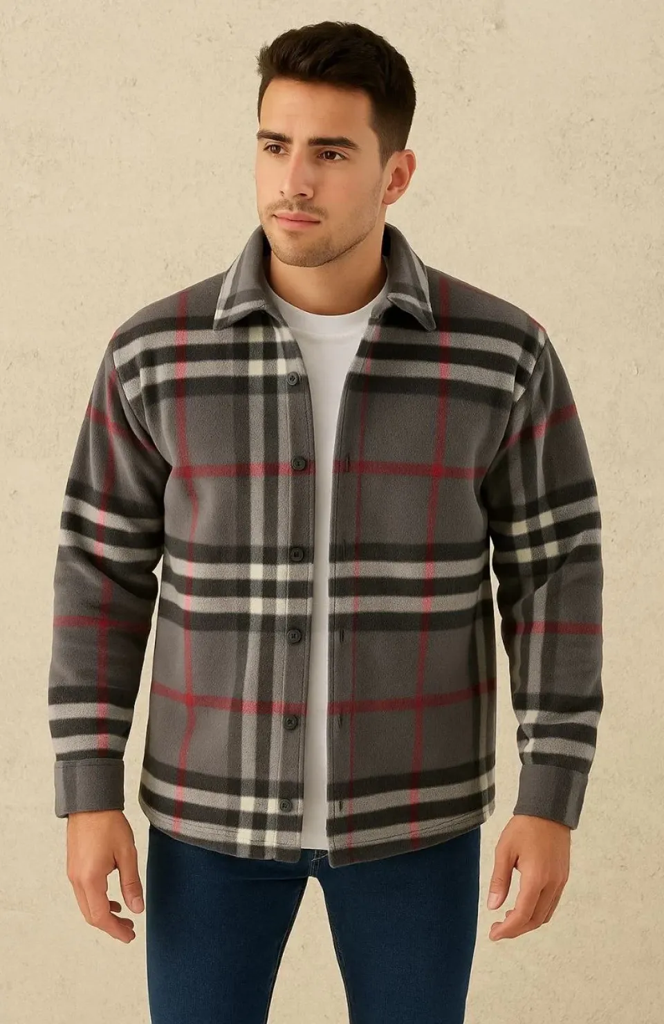 Erkek Ekose Desenli Düğmeli Polar Yakalı Uzun Kollu Gömlek Oversize Rahat Kalıp - Füme