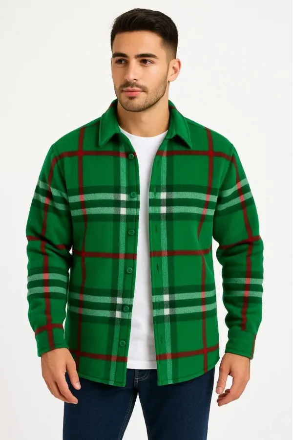 Erkek Ekose Desenli Düğmeli Polar Yakalı Uzun Kollu Gömlek Oversize Rahat Kalıp - Yeşil