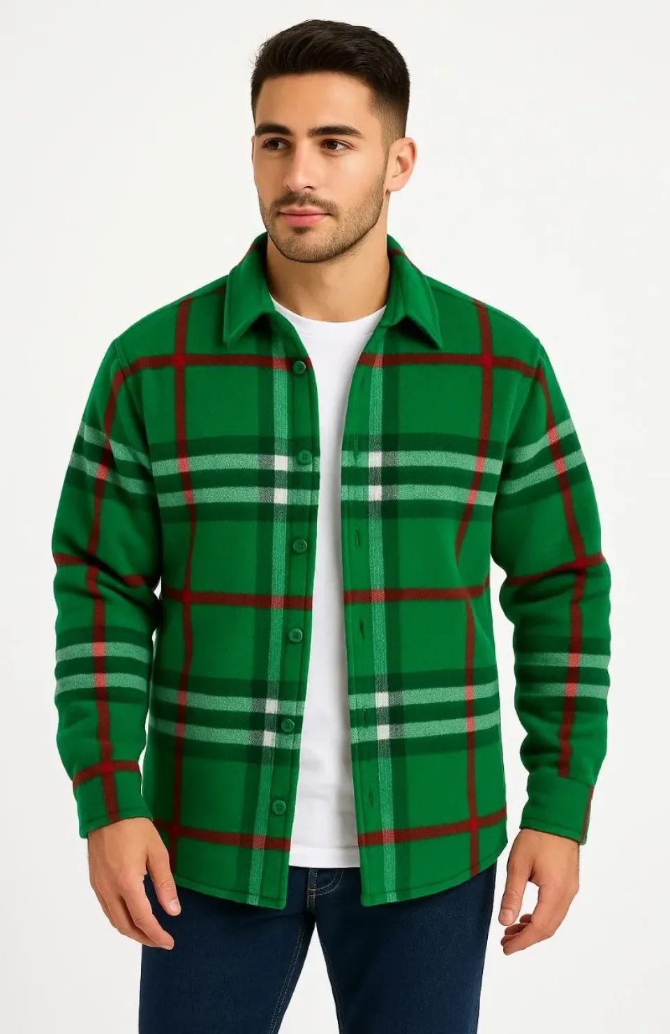Erkek Ekose Desenli Düğmeli Polar Yakalı Uzun Kollu Gömlek Oversize Rahat Kalıp - Yeşil