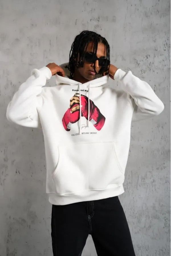 Erkek Eldiven Baskılı Kapüşonlu Sweat - Beyaz
