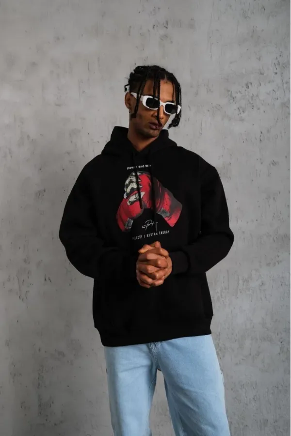 Erkek Eldiven Baskılı Kapüşonlu Sweat - Siyah