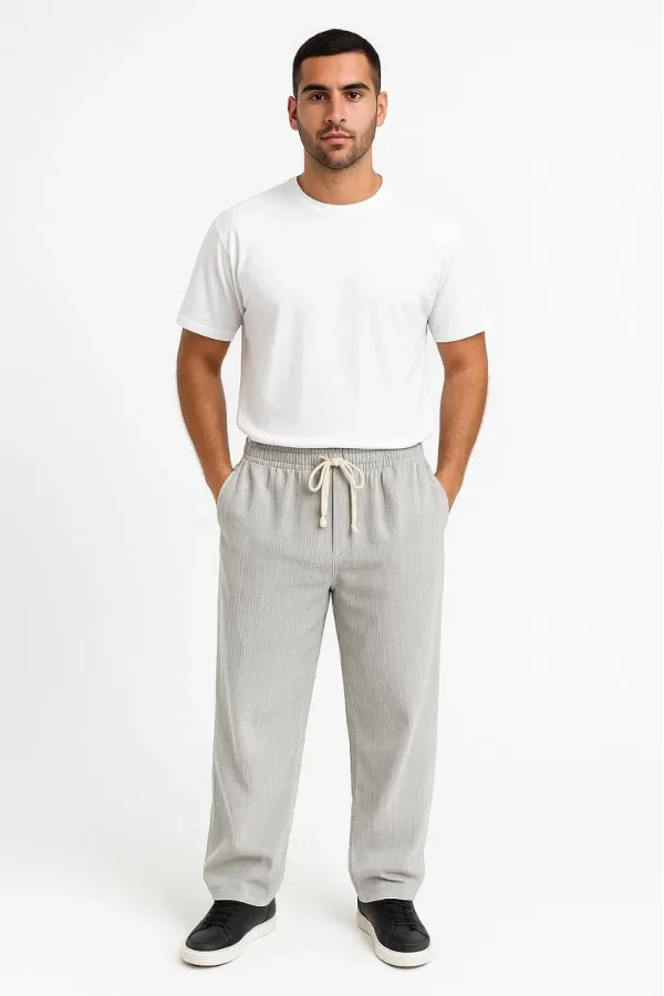 Erkek Fitilli Kadife Cepli Buggy Pantolon Oversize Rahat Kalıp - Gri