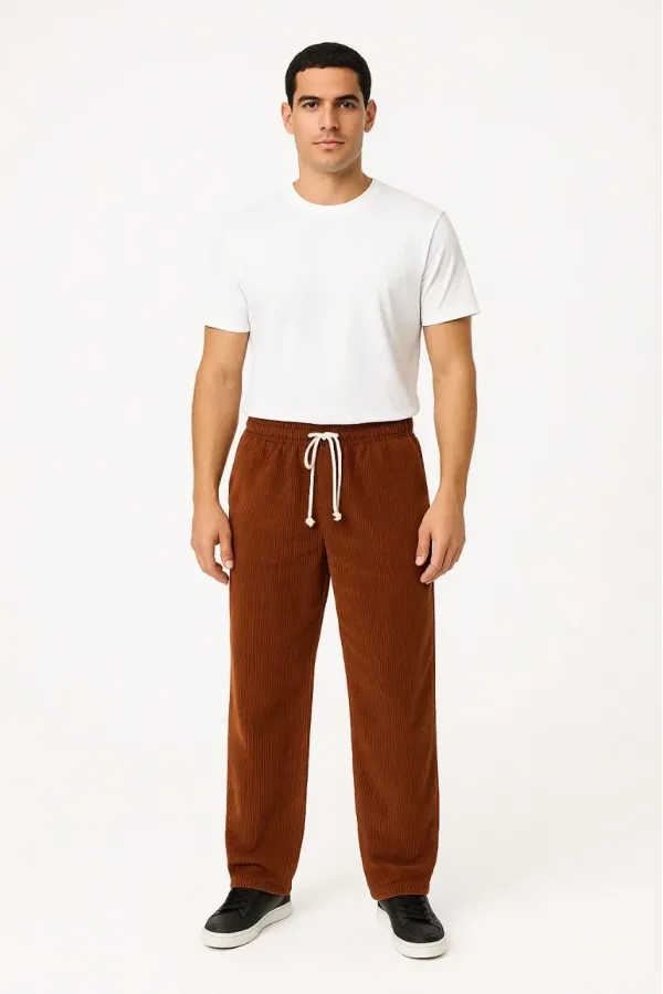 Erkek Fitilli Kadife Cepli Buggy Pantolon Oversize Rahat Kalıp - Kahverengi