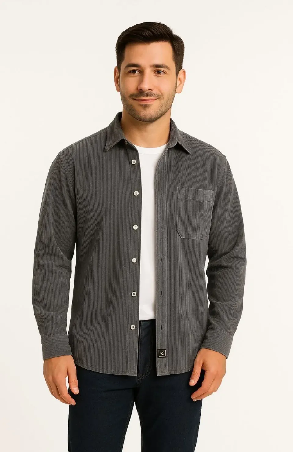 Erkek Fitilli Kadife Cepli Gömlek Oversize Rahat Kalıp - Füme