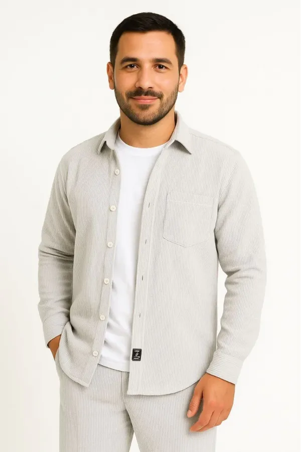 Erkek Fitilli Kadife Cepli Gömlek Oversize Rahat Kalıp - Gri