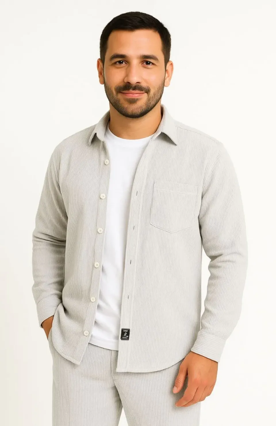 Erkek Fitilli Kadife Cepli Gömlek Oversize Rahat Kalıp - Gri
