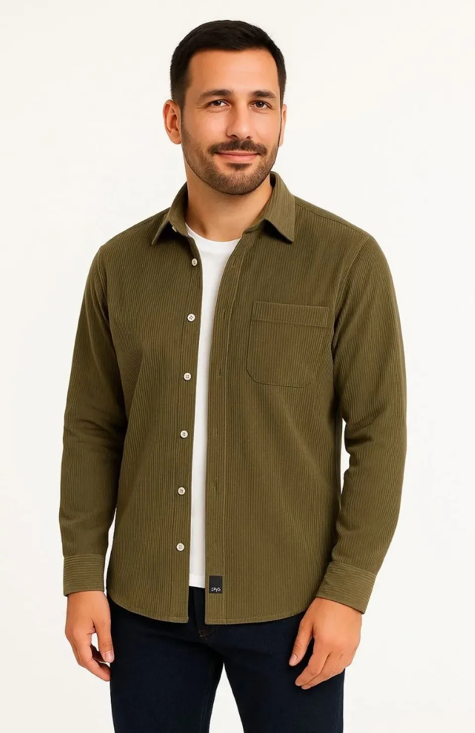 Erkek Fitilli Kadife Cepli Gömlek Oversize Rahat Kalıp - Haki