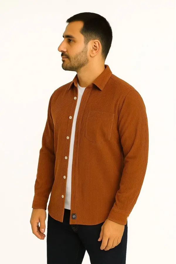 Erkek Fitilli Kadife Cepli Gömlek Oversize Rahat Kalıp - Kahverengi